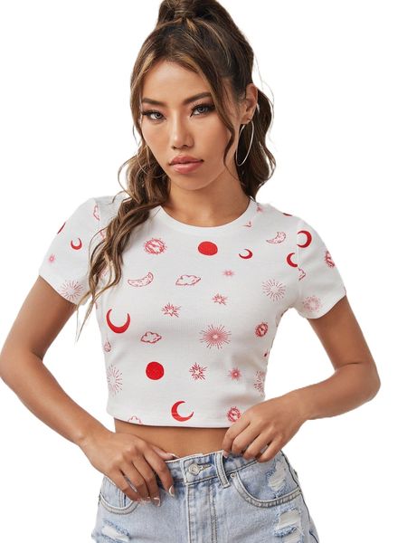x the black 1986 moon & clouds print crop tee f651#, White
x the black 1986 moon & clouds print crop tee f651#, White