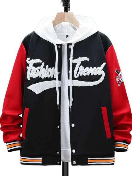 men 1pc letter patched colorblock striped trim varsity jacket k40b#, Black;brown
men 1pc letter patched colorblock striped trim varsity jacket k40b#, Black;brown