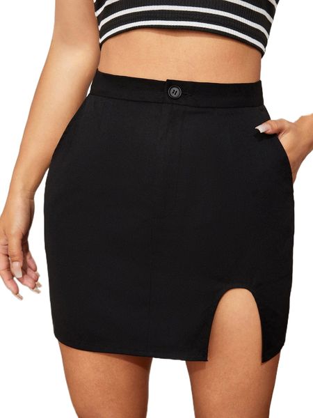 split hem solid skirt t9gn#, Black