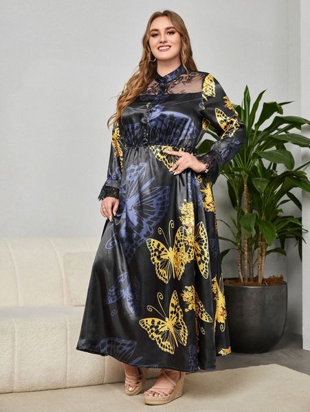 plus floral & butterfly print contrast lace half button maxi dress v8zr#, Black 
plus floral & butterfly print contrast lace half button maxi dress v8zr#, Black