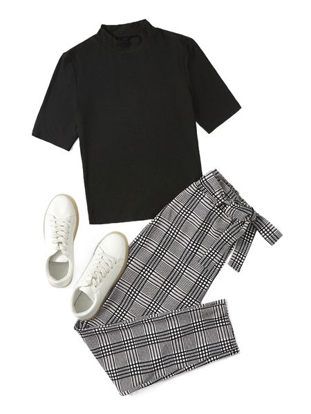 mock neck tee & plaid belted pants n2o1#, White 
mock neck tee & plaid belted pants n2o1#, White