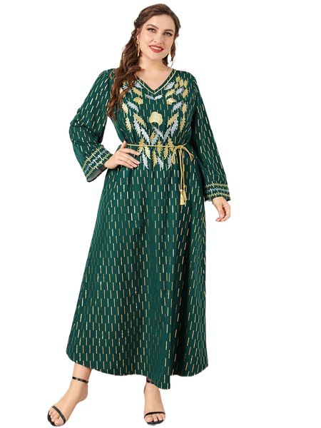 plus gold print embroidery tassel belted dress x35v#, Black