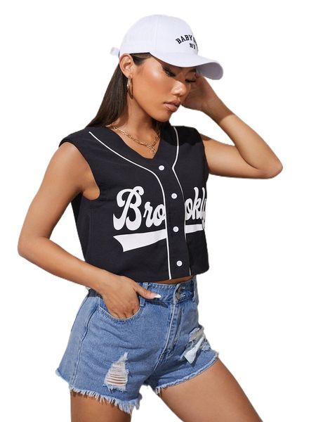 letter graphic shoulder padded contrast piping blouse 99hl#, White