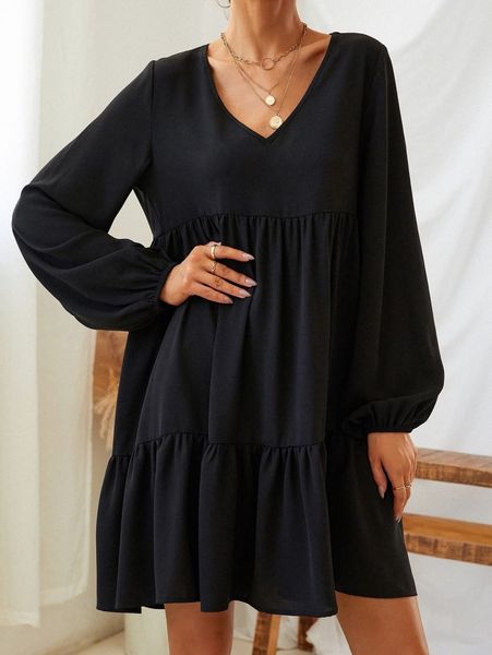 bishop sleeve ruffle hem v neck dress 57v5#, Black;gray 
bishop sleeve ruffle hem v neck dress 57v5#, Black;gray