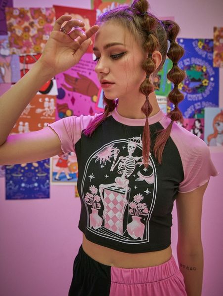 romwe skull & floral graphic colorblock tee o3el#, White 
romwe skull & floral graphic colorblock tee o3el#, White