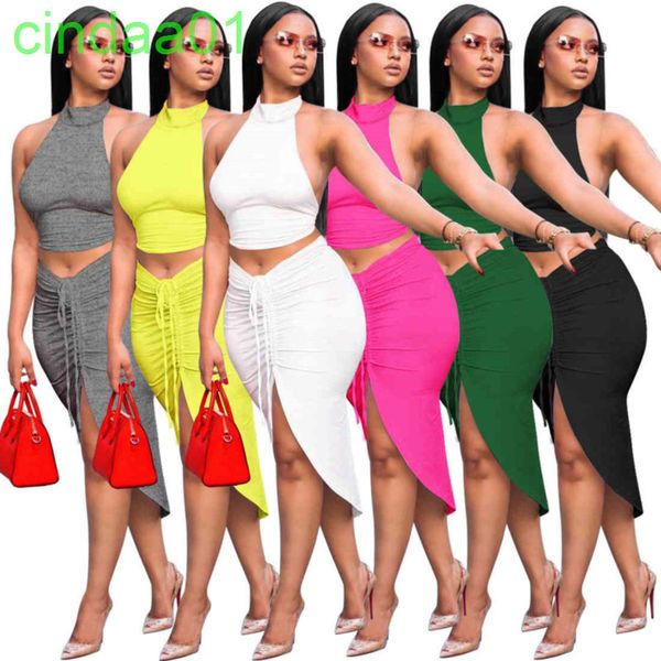 women two piece dress designer slim summer sleeveless round neck cropped halter drawstring split half skirt suit 6 colours, White
women two piece dress designer slim summer sleeveless round neck cropped halter drawstring split half skirt suit 6 colours, White