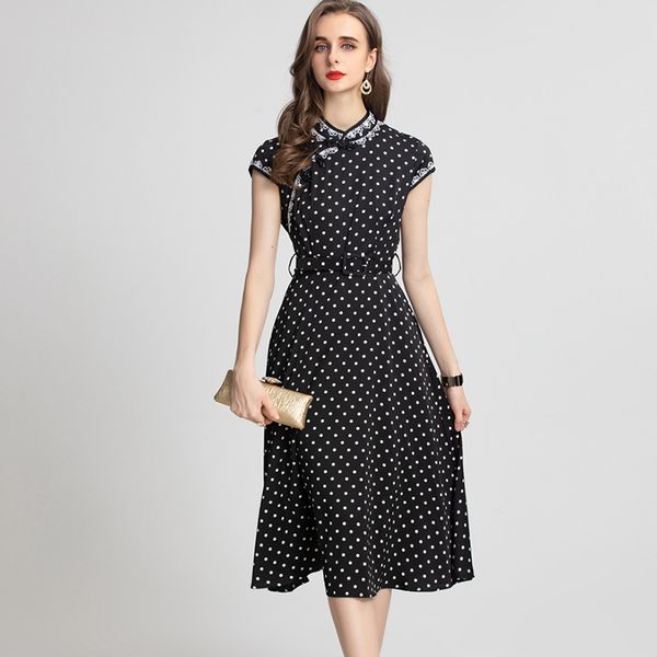 women's runway dresses manderin collar short sleeves dots printed elegant pencil vestidos, Black
women's runway dresses manderin collar short sleeves dots printed elegant pencil vestidos, Black