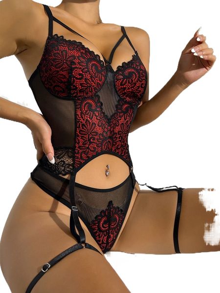 contrast lace mesh insert cut out garter lingerie set f2tb#, Black;red
contrast lace mesh insert cut out garter lingerie set f2tb#, Black;red