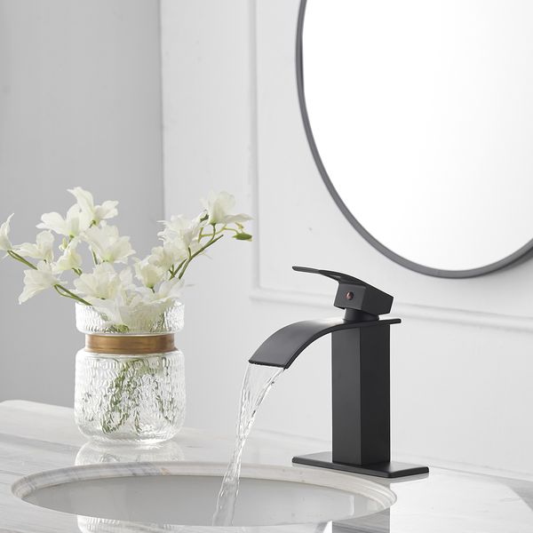 waterfall single hole single-handle low-arc bathroom faucet with pop-up drain assembly in matte black
waterfall single hole single-handle low-arc bathroom faucet with pop-up drain assembly in matte black