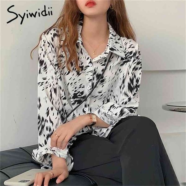 women shirts print white black button up korean fashion womens turndown collar long sleeve chiffon blouse 210607
women shirts print white black button up korean fashion womens turndown collar long sleeve chiffon blouse 210607