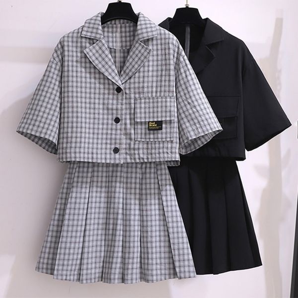 large plus size 6xl women sports suit tracksuit crop and skirt two piece set female elegant matching set summer plaid cloth y201128, Gray
large plus size 6xl women sports suit tracksuit crop and skirt two piece set female elegant matching set summer plaid cloth y201128, Gray
