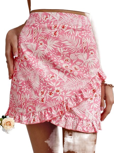 tropical print ruffle trim skirt o3wl#, Black