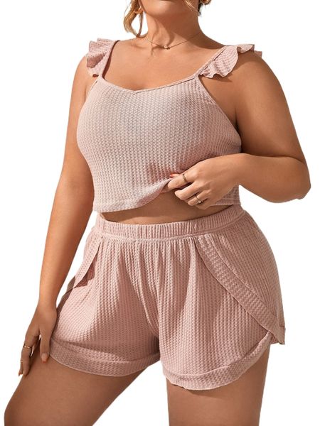 plus ruffle trim wrap hem cami lounge set y2km#, Black;white