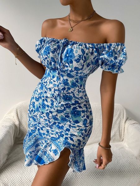 off the shoulder tie front floral print ruffle hem dress w6ha#, Black;gray
off the shoulder tie front floral print ruffle hem dress w6ha#, Black;gray