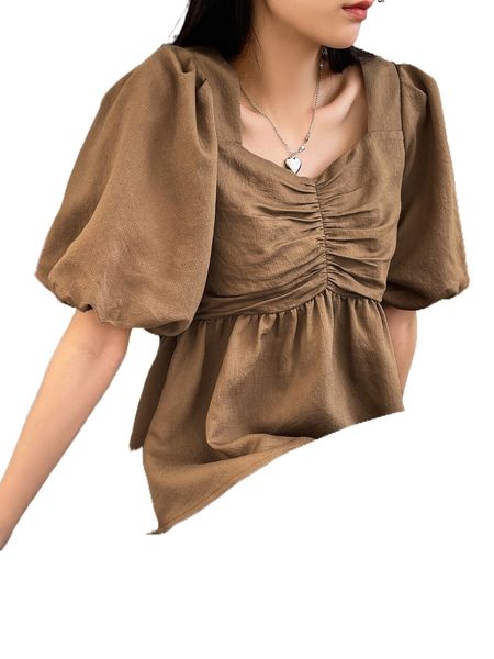 dazy ruched sweetheart neck puff sleeve peplum blouse e1qn#, White
