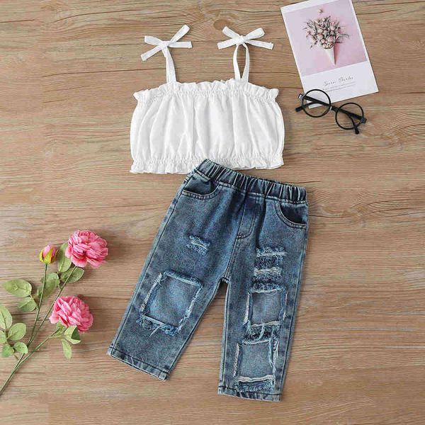 citgeett summer kids girls trousers suit solid color sleeveless elastic waist ripped holes denim pants clothes set j220711, White
citgeett summer kids girls trousers suit solid color sleeveless elastic waist ripped holes denim pants clothes set j220711, White