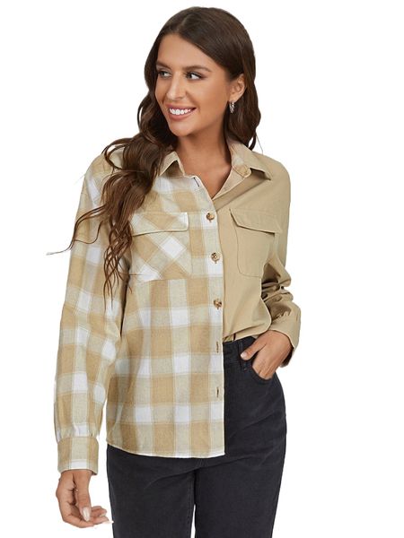 gingham print button front flap pocket shirt z92s#, White
gingham print button front flap pocket shirt z92s#, White