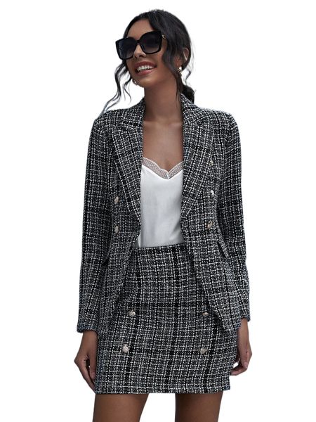 double button raw hem plaid tweed blazer & skirt set b0dx#, White 
double button raw hem plaid tweed blazer & skirt set b0dx#, White