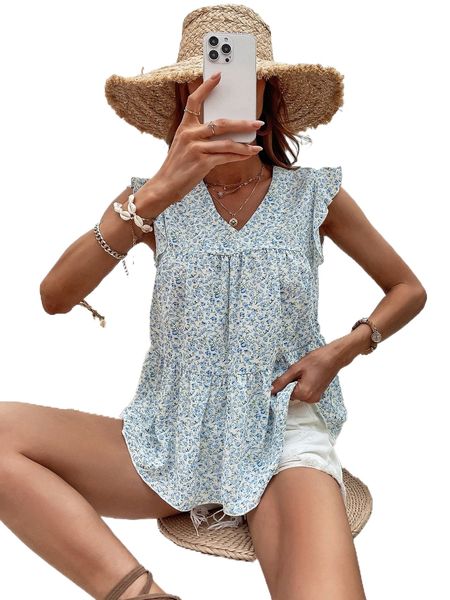 ditsy floral ruffle sleeve peplum blouse a2o2#, White