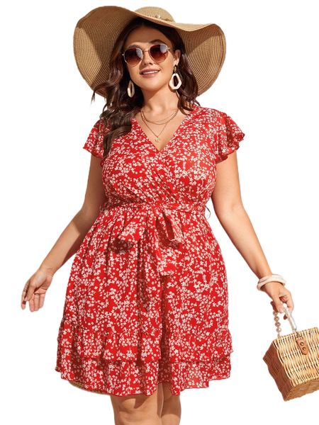 plus ditsy floral print butterfly sleeve layered hem belted dress 93nv#, Black
plus ditsy floral print butterfly sleeve layered hem belted dress 93nv#, Black