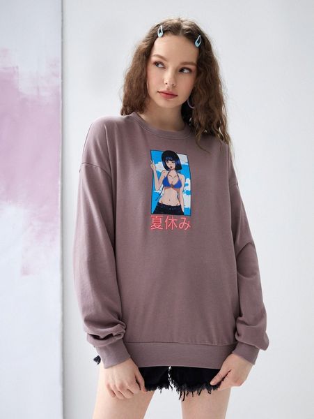 x 24shatsu figure & japanese letter graphic drop shoulder sweatshirt 18rb#, Black 
x 24shatsu figure & japanese letter graphic drop shoulder sweatshirt 18rb#, Black
