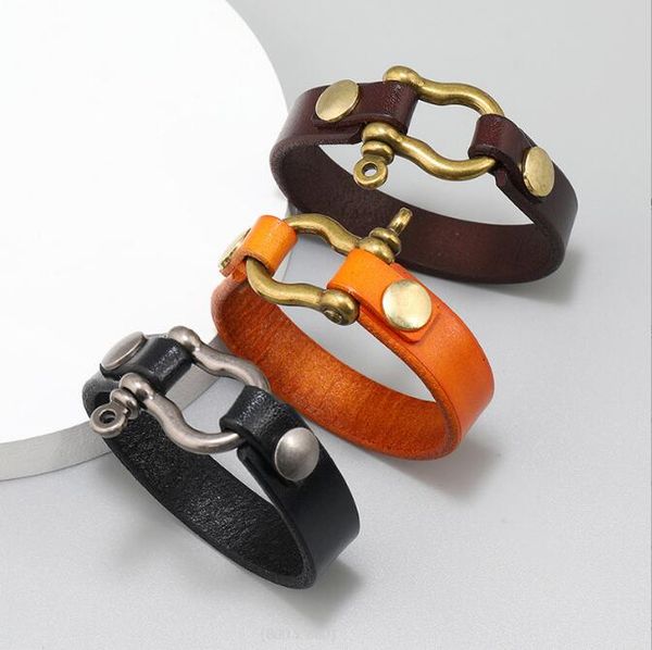 retro pure color horseshoe buckle light board cowhide bracelet fashion popular men's bracelet, Golden;silver
retro pure color horseshoe buckle light board cowhide bracelet fashion popular men's bracelet, Golden;silver