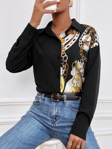 floral & chain print blouse h0qp#, White 
floral & chain print blouse h0qp#, White