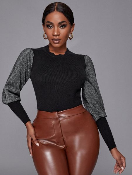 sxy scallop trim leg-of-mutton sleeve sweater v6zi#, White;black 
sxy scallop trim leg-of-mutton sleeve sweater v6zi#, White;black