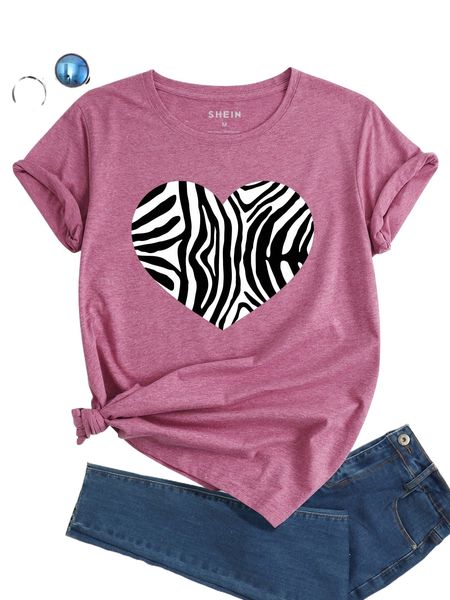 zebra striped & heart print tee a5tz#, White