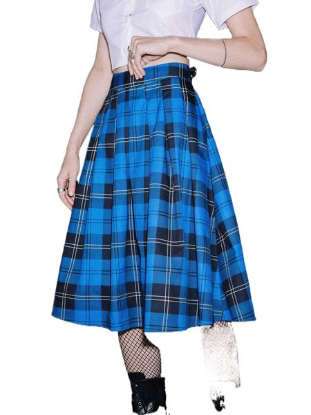 romwe punk rock tartan pleated skirt 23wx#, Black