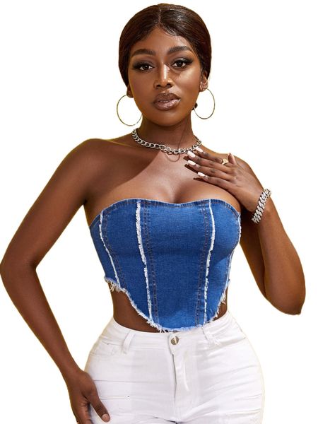 sxy raw trim curved hem denim tube w9jd#, White