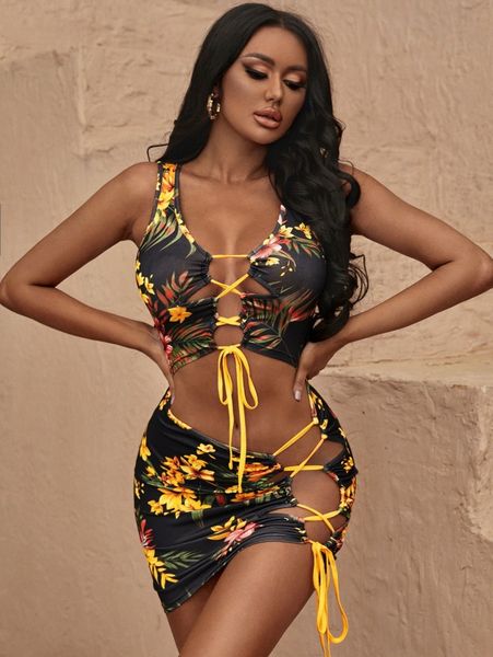 sxy floral print cutout lace up detail dress q0ck#, Black;gray 
sxy floral print cutout lace up detail dress q0ck#, Black;gray