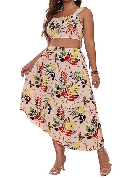 plus tropical print cami & skirt l7ta#, Black 
plus tropical print cami & skirt l7ta#, Black