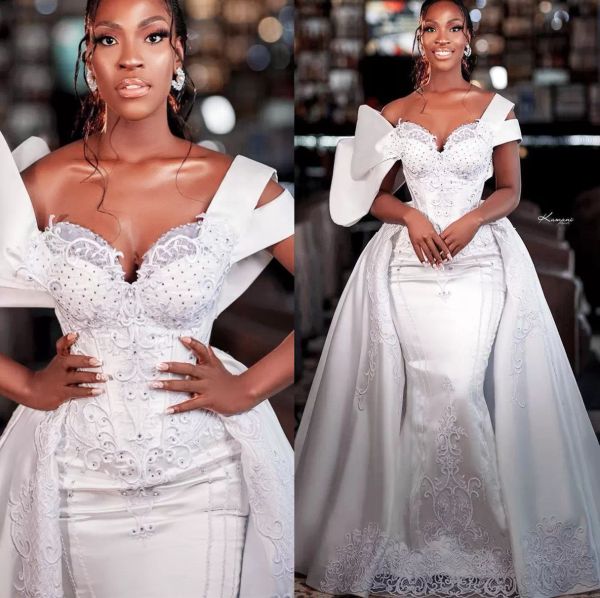 african mermaid wedding dresses overskirt bridal gown lace applique beaded one shoulder strap sweep train custom made vestidos 2022, White
african mermaid wedding dresses overskirt bridal gown lace applique beaded one shoulder strap sweep train custom made vestidos 2022, White