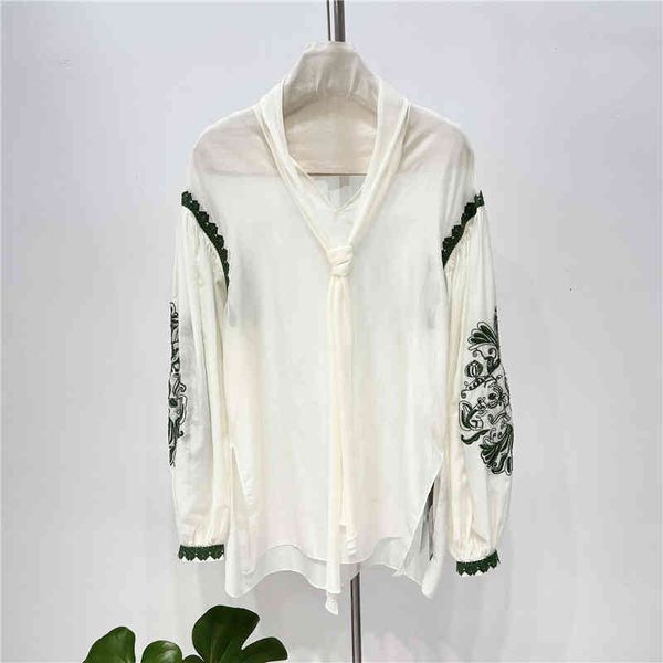 women's polos pole end heavy industry embroidery bow tie lantern bubble sleeve mulberry silk loose medium length shirt women, White
women's polos pole end heavy industry embroidery bow tie lantern bubble sleeve mulberry silk loose medium length shirt women, White