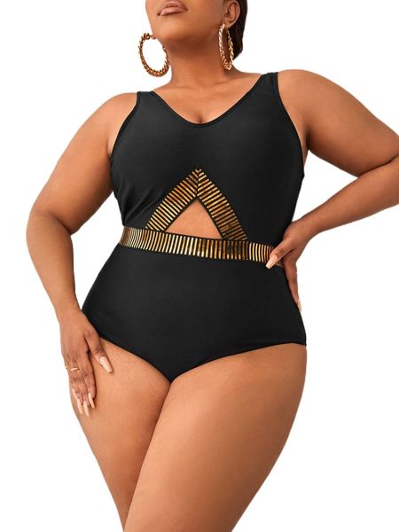 plus metallic panel cut out one piece swimsuit d6gm#, White;black