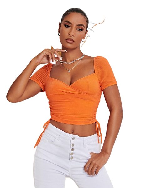 sweetheart neck drawstring side crop tee k7om#, White