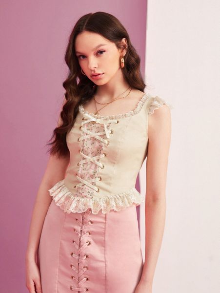x simone rogers lace trim lace up front ditsy floral panel x54j#, White