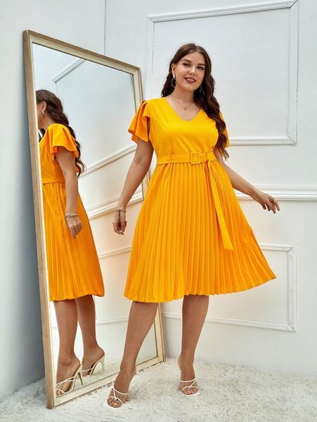 plus butterfly sleeve pleated hem buckled belted dress j5zh#, Black
plus butterfly sleeve pleated hem buckled belted dress j5zh#, Black