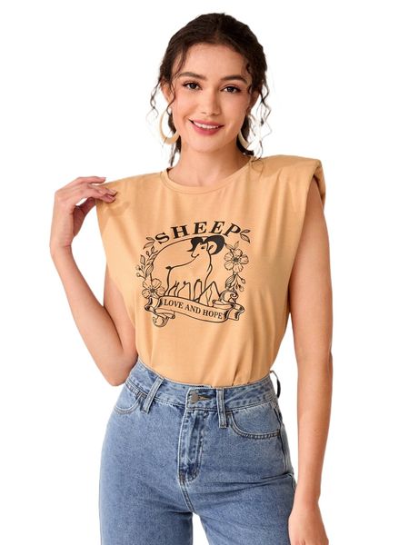 letter & floral print shoulder pads tank t5pf#, White