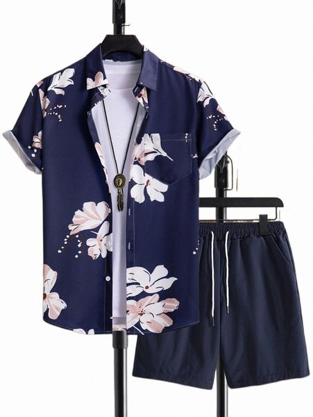 men floral print shirt & drawstring waist shorts without tee t3x8#, Gray 
men floral print shirt & drawstring waist shorts without tee t3x8#, Gray