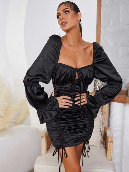 gathered sleeve sweetheart neck tie front ruched satin bodycon dress v1lc#, Black;gray
gathered sleeve sweetheart neck tie front ruched satin bodycon dress v1lc#, Black;gray