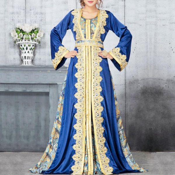 

Casual Dresses Women's Full Sleeve Printed Maxi Long Dress Muslim Robe Moroccan Loose Gowns Arabic Ramadan Abaya Kaftan Dashiki Vestidoc, Blue