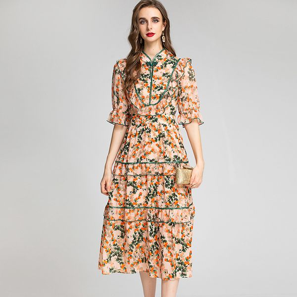 women's runway dresses stand collar half sleeves printed beaded ruffles elegant street dress, Black
women's runway dresses stand collar half sleeves printed beaded ruffles elegant street dress, Black
