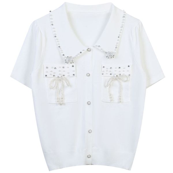 512 2022 summer kint short sleeve lapel neck brand same style sweater white black beads pullover luxury womens clothes mingmei
512 2022 summer kint short sleeve lapel neck brand same style sweater white black beads pullover luxury womens clothes mingmei