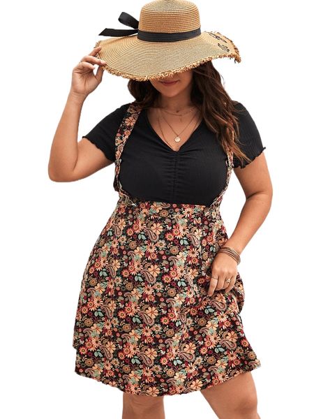plus floral print skirt without tee t3ve#, Black