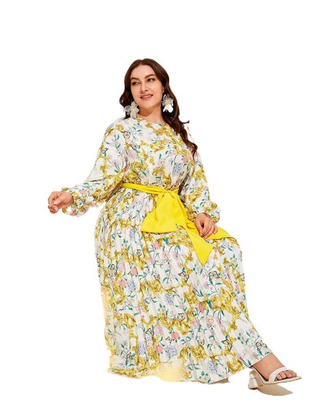 plus floral print lantern sleeve pleated hem belted dress j9my#, Black 
plus floral print lantern sleeve pleated hem belted dress j9my#, Black