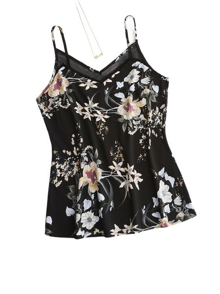 plus floral print cami h6c1#, Black