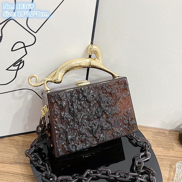 Wholesale factory ladies leather shoulder bags summer transparent acrylic chain bag personalized embossed hard box handbag metal carved mobile phone coin purse, Coffee-8836#
Wholesale factory ladies leather shoulder bags summer transparent acrylic chain bag personalized embossed hard box handbag metal carved mobile phone coin purse, Coffee-8836#