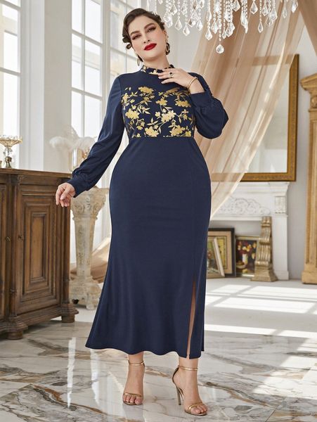 plus gold floral print mock neck lantern sleeve split thigh dress w4cn#, Black
